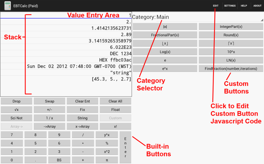 EBTCalc Value Entry Area, Stack, Category Selector, Built-in Buttons, Custom Buttons