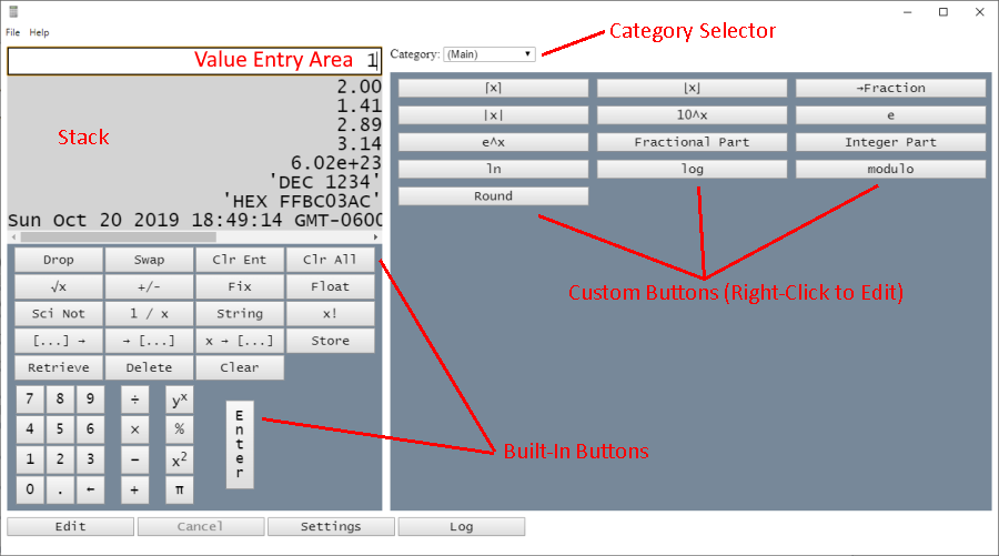 EBTCalc Value Entry Area, Stack, Category Selector, Built-in Buttons, Custom Buttons