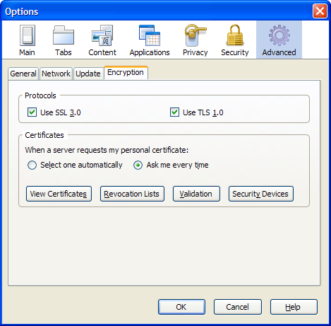 Tools / Options / Advanced / Encryption